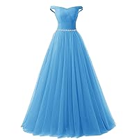 BellaBridal Women's Long Tulle Crystal Formal Prom Dress Off Shoulder Quinceanera Dress Party Ball Gown 020 Blue