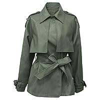 Women’s Olive Green PU Faux Shirt Collar Casual Streetwear Fashion Chic Motorcycle Biker Belted Loose Leather Jacket