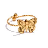 Stainless Steel Butterfly Insect Adjustable Ring Golden Texture Women Finger Ring Jewelry Gift