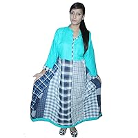 Indian 100% Cotton Check Print Green Color Dress Women Fashion Long Plus Size