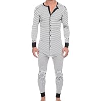 Men's Long Sleeve Pajamas Striped Ultra Soft Thermal Union Suit One Piece Slim Fit Button Down Jumpsuit Sleepwear