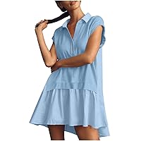 Women's Button Lapel Shirt Dress Summer Short Sleeve V Neck Mini Patchwork Dresses Casual Loose Henley A-Line Dress