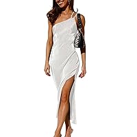 MURMUREY Womens 2023 Summer One Shoulder Spaghetti Strap Velvet Maxi Dress Sleeveless Backless Bodycon Slit Party Dresses