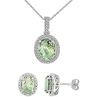 Silver City Jewelry 10K White Gold 0.1 cttw Diamond Natural Green Amethyst Oval 7x5mm Earrings & 10x8mm Pendant Set