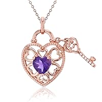 Sterling Silver Rose 0.02 CTTW Diamond & Heart Amethyst Heart And Key 18