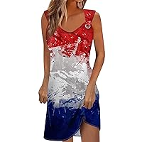 4th of July Dress 4th of July Dress for Women America Flag Print Sexy Vintage Fashion with Sleeveless Round Neck Splice Dresses Red Large