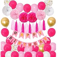 Hot Pink Birthday Party Decorations, Pink Gold White Confetti Latex Metallic Balloons with Happy Birthday Banner Paper Pom Poms Tassels Mother's Day Birthday Party Supplies for Mom Women Girls