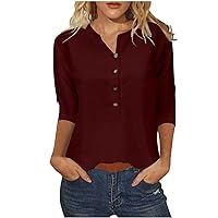 Women 3/4 Sleeve Dressy Button Crewneck Tunic Tops Summer Casual Loose Fit Solid Color Pullover Blouses for Office