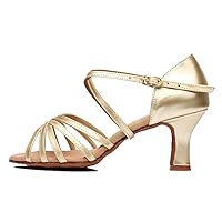TDA Women's Classic Comfort Ankle Strap Flared Heel Satin Salsa Tango Samba Latin Shoes