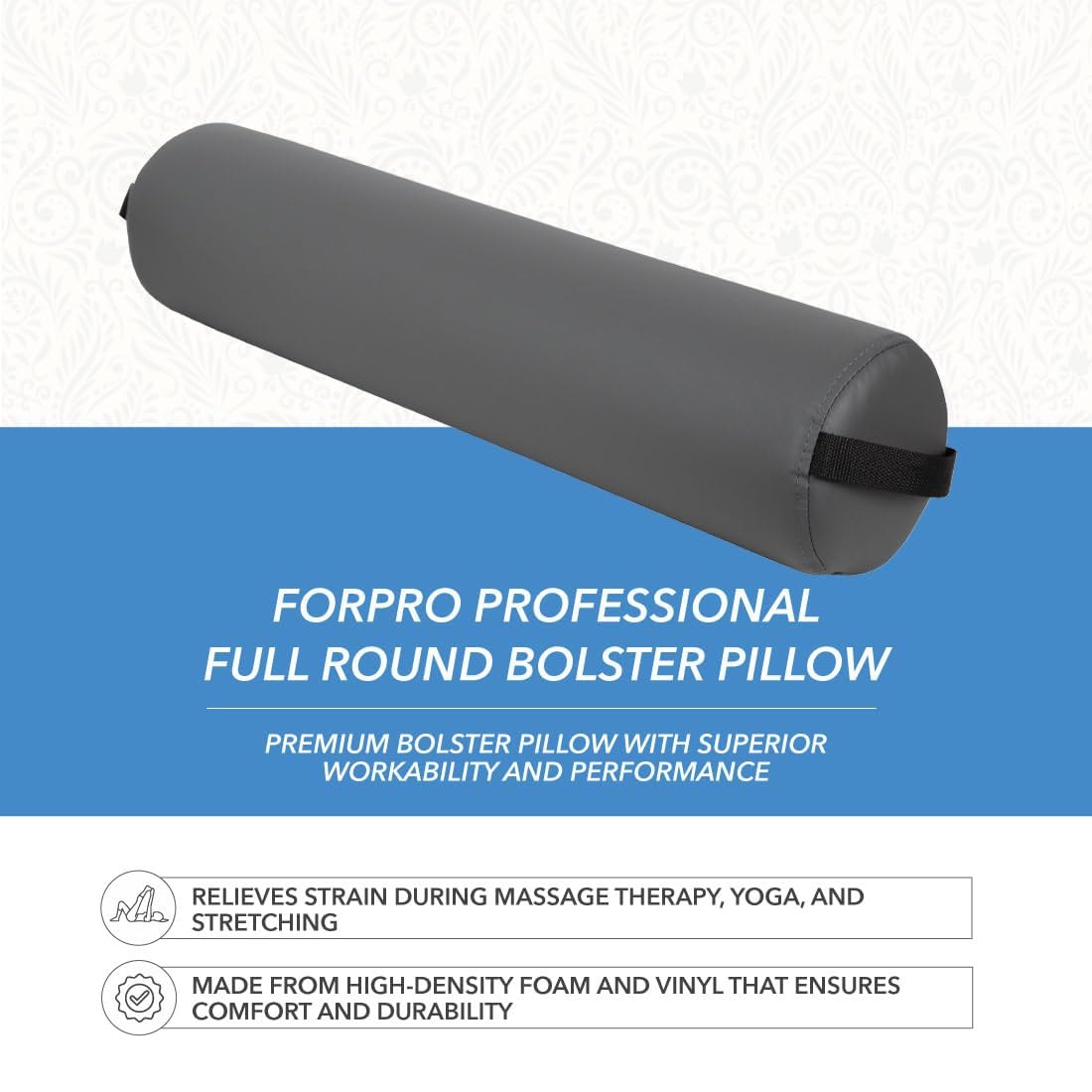 ForPro Full Round Bolster Pillow, Cool Grey, Oil and Stain-Resistant, for Massage and Yoga, 6” R x 26” L