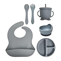 Baby Suction Dinnerware Set of 6 - Silicone Baby Self Eating Set with Bib, Divided Plate, Bowl, Spoon, Fork and Sippy Cups, Baby Feeding Supplies, Reusable Tableware for Infants and Toddlers
