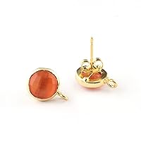 8mm Round Orange cats eye Gemstone Earrings, Checker Cut Gemstone Studs, Gold Plated Stud Earring Pair With Connectors, Fancy Studs Drop Earrings
