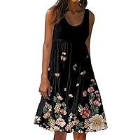 Womens Sun Dresses Floral Dresses for Women 2024 Vintage Print Ruched Fashion Loose Fit with Sleeveless Round Neck Tunic Dress Watermelon Red Small