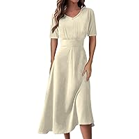 Spring Dresses for Women 2024 V-Neck Short Sleeve Waist Long Swing Dress