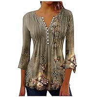 Button Down Shirts for Women Print Tunic Summer Tops Dressy Casual Bell 3/4 Sleeve V Women's Athletic Shirts