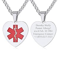 Custom4U Personalized Medical Alert Necklace for Men/Women Custom Made Engraved Emergency Med ID Dog Tag/Heart/Round Pendant Gold/Black/Stainless Steel with Chain 24 Inches