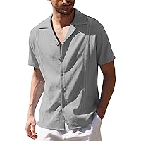 Mens Casual Button Down Shirts Short Sleeve Cotton Linen Tops Regular Fit Work T-Shirts Summer Beach Dress Shirt
