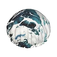 Beach Foam Wave Print Stylish Reusable Shower Cap With Lining And Elastic Band for all Hair Lengths
