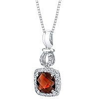 PEORA Garnet and White Topaz Pendant for Women 14K White Gold, Genuine Gemstone, 2.50 Carats Cushion Cut 8mm with 18 inch Chain