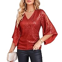 GRACE KARIN Womens Sequin Tops 3/4 Sleeve Glitter Sparkly Party Blouse V-Neck Dressy Tops for Evening Party