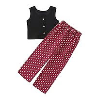 Summer Girls Casual Outfits Sleeveless Vest Top with Polka Dot Buttons High Elastic Waistband Long Pants Sets