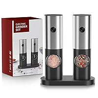 Electric Salt and Pepper Grinder Set, EAGMAK Battery Powered Automatic 70ml Pepper Mill Grinders, Stainless Steel Electronic Mill Shakers with Adjustable Coarseness, LED Light & Storage Base (2 Pack)