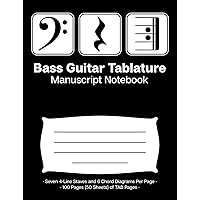 Bass Guitar Tablature Manuscript Notebook: Blank Bass Guitar TAB Paper Notebook; Bass Clef Play Rest Repeat Cover Design in White on Black Background