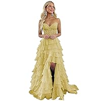 Lace Strapless Corset Prom Dresses with Slit 2024 Long TieGold Ruffle Chiffon Formal Evening Dress for Women