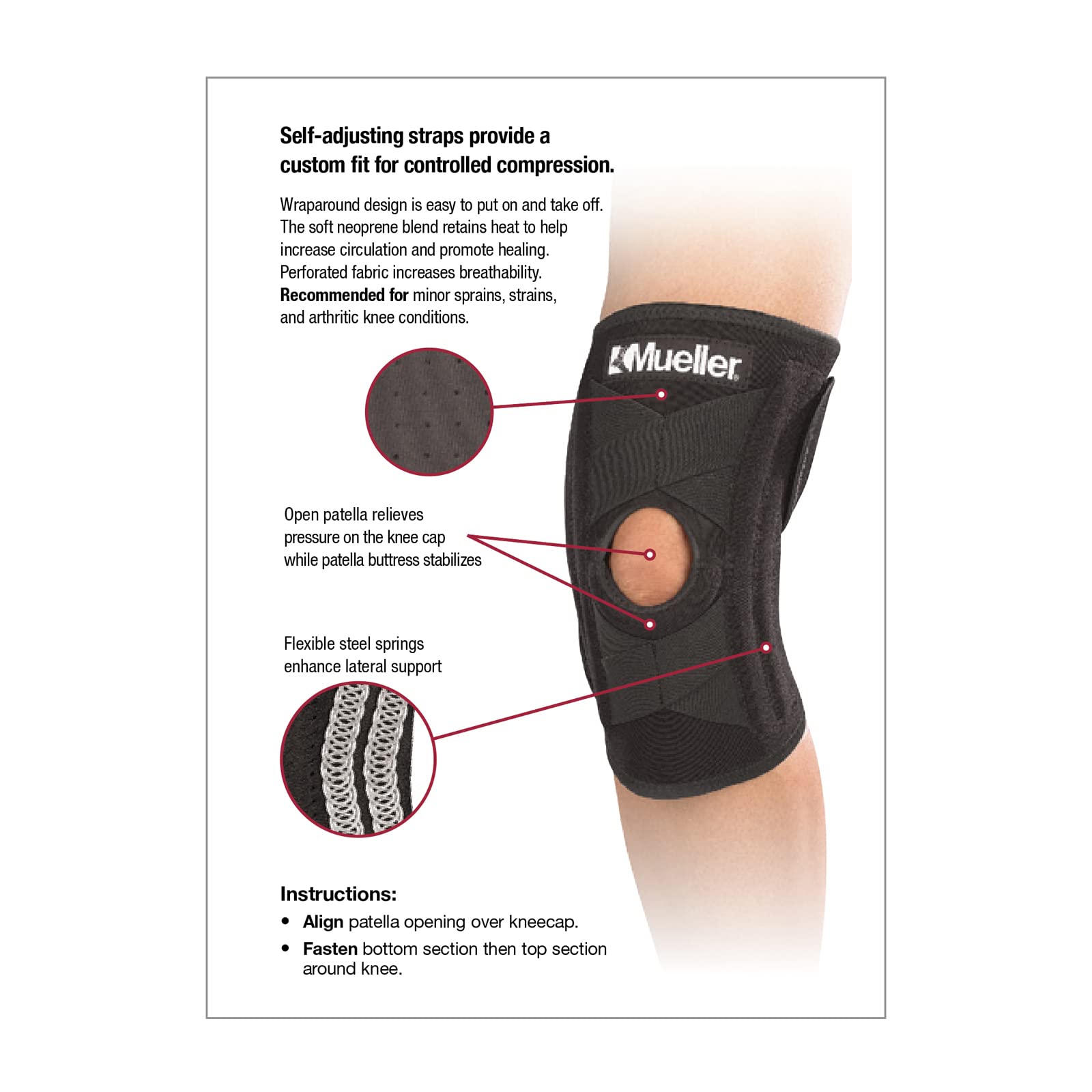 Mueller Sports Medicine Self Adjusting Adult Knee Support Braces for Knee Pain with Side Stabilizers for Men and Women, Black, 14 - 20 Inches, One Size Fits Most