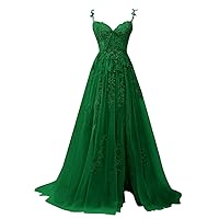 Lace Applique Prom Dresses for Teens Tulle Long Ball Gowns with Slit Formal Wedding Party Dress