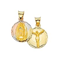 14K Tri Color Gold Double Side Stamp Guadalupe and Jesus Crucifix Religious Charm Tiny Pendant For Necklace or Chain