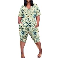 Jumpsuits For Women Dressy Women's Casual Plus Size Print Short Sleeve V-Neck Five-Point Jumpsuit With Pockets