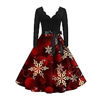 Women's Fall Dresses 2023 Christmas Vintage Classic Dress Long Sleeve Print V-Neck Swing Dresses, S-5XL