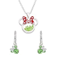 Disney Minnie Mouse August Birthstone Silver Plated Shaker Necklace and Hoop Earrings Set, Official License