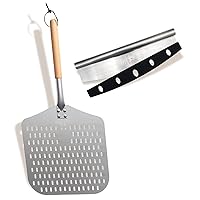 Perforated Pizza Peel, Professional 12 x 14 Inch Paddle Anodized Aluminum Turning Peel with detachable wood handle for Home Made Pizza By Q's INN.