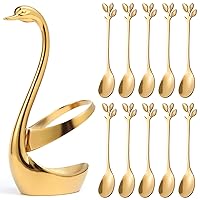 AnSaw Gold Small Swan Base Holder With Gold 10Pcs 4.7Inch leaf Handle Coffee Spoon Set