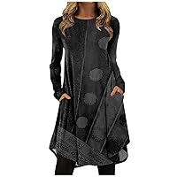 Tunic Long Sleeve Tunic for Women Trendy Home Winter Cotton Crew-Neck With Pockets Comfy Print Loose Tunics