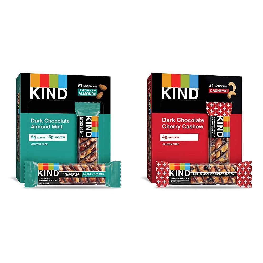 KIND Bars, Dark Chocolate Mint, Gluten Free, Low Sugar, 1.4oz, 12 Count & Bars, Dark Chocolate Cherry Cashew + Antioxidants, Gluten Free, 1.4 Ounce (12 Count)