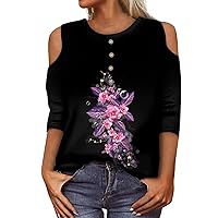Womens Tops 3/4 Sleeve Round Neck Off Shoulder Sleeve Shirts Casual Loose Fit Floral Printed Trendy Workout Blouses