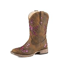 ROPER Kids Girls Lola Tooled-Inlay Square Toe - Western Cowboy Boots Mid Calf - Brown
