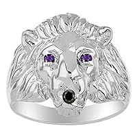 Rylos Mens Rings 14K White Gold Lion Head Ring Genuine Black Diamond Mouth & Gemstone Colorstones in Eyes Fun Designer Rings For Men Men's Rings Gold Rings Sizes 6,7,8,9,10,11,12,13 Mens Jewelry
