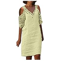 Casual Cotton Linen Cold Shoulder Summer Dress for Women Hollow Out Crochet Lace Short Sleeve V Neck Knee Length Dress