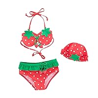 Bathing Suit Size 5 6 Bikini Sets with Hat 3 Pcs Swimsuit Strawberry Summer Swimsuit for Children Preppy Bathing