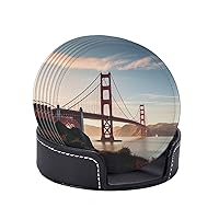 Golden Gate Bridge Drink Coasters Set of 6 with Holder Leather Coasters Non-Slip Cup Mat for Home Tabletop Decor 4 Inch