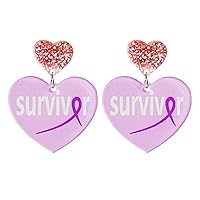Pink Ribbon Drop Earrings Breast Cancer Awareness Earrings for Women Breast Cancer Survivor Support Jewelry (Purple)