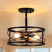 2-Light Semi Flush Mount Ceiling Light, 14-inch Industrial Modern Farmhouse Lighting Fixture with Metal Cage, Black Retro Ceiling Lamp for Flat Roof Kitchen Hallway Bedroom Living Room