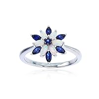 Sterling Silver Rhodium Marquise Created Opal & Marquise,Round Created Blue Sapphire Flower Ring