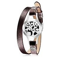 Wild Essentials Arbol Tree Essential Oil Bracelet Diffuser, Leather Wrap Band, Stainless Steel Locket Pendant, 12 Color Refill Pads, Customizable Color Changing Perfume Jewelry, Aromatherapy, Brown