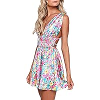 Y2k Floral Cut Out Backless Dress Sexy V Neck Bodycon Short Summer Flowy Dress Tropical Club Mini Dresses for Women