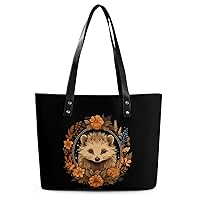 Cute Hedgehog Flower Women's Handbag PU Leather Tote Bag Purses Top Handle Shoulder Bags for Work Travel Business Shopping Casual